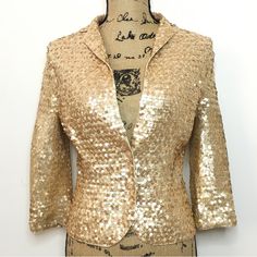 Iisli Tif Cardigan. Gold / Cream Sequins All Over This Statement Piece! Knit Interior For Comfort. Hand Crocheted And Hand Sequinned Piece. Collar Neckline. Sleeves Are Around 3/4 Sleeves. Size 2. Approximate Measurements In The Photos. New With Tags Half Sleeve Cardigan, Turquoise Cardigan, Gold Cardigan, Sequin Knit, Cardigan Blazer, Embellished Cardigan, Colored Cardigans, Linen Sweater, Open Knit Cardigan