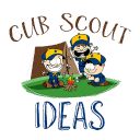 the logo for cub scout ideas is shown in blue and white with two cartoon characters