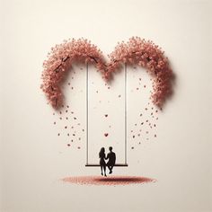 two people sitting on a swing in the shape of a heart with cherry blossoms hanging from it