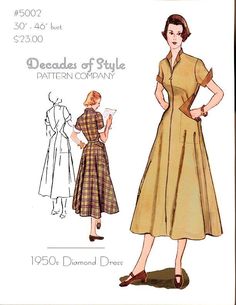 a women's dress pattern from the 1950's with an image of a woman wearing