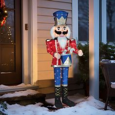 The 62-inch high nutcracker designed to strike a drumming pose with innovative style and simple novelty. The entire body is made of steel tin and lined with durable fabric. Even in high winds, this nutcracker will be very sturdy. The sturdy metal stakes and zippers will completely secure the outdoor nutcracker Christmas decoration to the ground. Suitable for both outdoor and indoor use, this Christmas Nutcracker will add to the Christmas atmosphere and spread the Christmas spirit. VEIKOUS 62.6-in Nutcracker Free Standing Decoration with White Incandescent Lights | PG0403-11-14 Nutcracker Made Out Of Clay Pots, Nutcrackers Made From Clay Pots, Nutcracker Made From Clay Pots, Bifold Door Nutcracker, Christmas Decoration Outside, Holiday Yard Decorations, Nutcracker Christmas Decorations, Wind Blowing, Christmas Light Displays