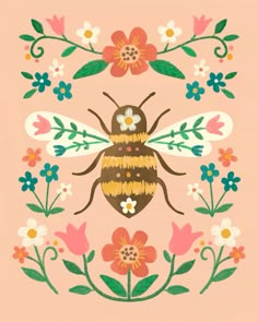 a drawing of a bee surrounded by flowers