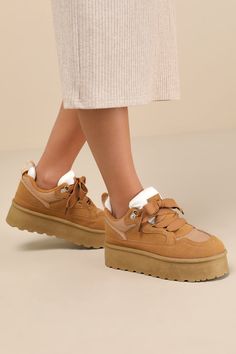 Elevate your too-cool street style (literally) with the Eilika Chestnut Suede Lace-Up Flatform Sneakers! Smooth faux suede and sleek woven fabric come together to shape these trend-setting kicks with a rounded toe and a chunky, brown lace-up vamp with a padded, faux fur-lined tongue. The low-cut collar boasts a padded pull tab that peeks out at the back, all atop an eye-catching flatform sole. 1. 75" flatform heel. Lightly cushioned insole. Rubber sole has nonskid markings. Man Made Materials. I Casual Suede Sneakers For Winter, Casual Winter Suede Sneakers, Casual Sneakers With Suede Overlays And Round Toe, Casual Sneakers With Suede Overlays, Suede Sneakers For Streetwear In Winter, Winter Suede Sneakers For Streetwear, Trendy Suede Sneakers For Fall, Casual Lace-up Sneakers With Suede Overlays, Winter Suede Sneakers