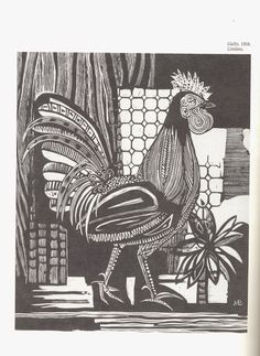 a black and white drawing of a rooster in front of a building with a plant