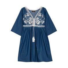 Boho-chic style with a modern accent. This denim mini dress features a spectacular embroidery detail in the chest, as well as romantic oversize french sleeves  and tassels to add more charm to this beautiful dress. Got any cowboy boots? It will be the perfect match! 100% Cotton. Wash Machine  30º ,  Press Medium  Temperature, Do  not  use spin-dry, Do not Bleach Indigo Mini Dress For Spring, Elegant Cotton Dress With Geometric Embroidery, Spring Dresses With Geometric Embroidery, Chic Embroidered Cotton Mini Dress, Elegant Embroidered Cotton Mini Dress, Blue Spring Dresses With Geometric Embroidery, Blue Dresses With Geometric Embroidery For Spring, Colorful Boho Fashion, Spanish Fashion