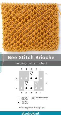 the knitting pattern for bee stitch brioche is shown with instructions to make it