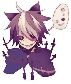 an anime character with purple hair and black eyes, holding a knife in his hand