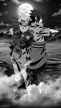 a black and white photo of an anime character in front of a full moon with clouds