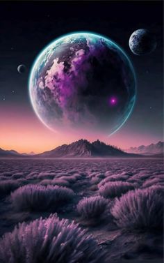 an alien landscape with mountains and planets in the background