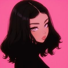 an anime character with long black hair and pink background