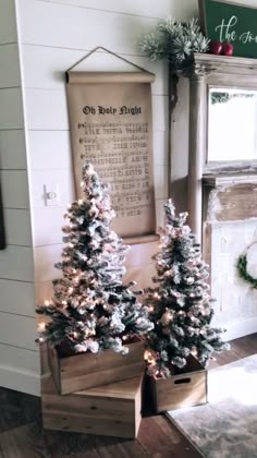 two small christmas trees in wooden boxes on the floor next to a sign and wreath