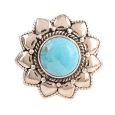 Capturing the colors of the sky a circular cabochon of reconstituted turquoise is framed by rope patterns and petals that are crafted from sterling silver. Alok Jain presents this Indian cocktail ring which circles the finger with a simple sterling band. Adjustable Bohemian Blue Flower Ring, Adjustable Bohemian Cabochon Turquoise Ring, Adjustable Cabochon Turquoise Ring In Bohemian Style, Adjustable Bohemian Turquoise Cabochon Ring, Southwestern Adjustable Turquoise Ring, Bohemian Adjustable Turquoise Ring For Summer, Adjustable Spiritual Turquoise Ring, Adjustable Turquoise Flower Ring Gift, Adjustable Spiritual Style Turquoise Cabochon Ring