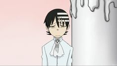 an anime character standing next to a tall white pillar with dripping paint on it's face