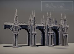 an architectural model of a bridge with arches and spires on the sides, against a gray background