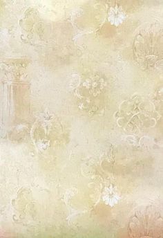 an old fashioned wallpaper with flowers and vases on the side, in pastel tones