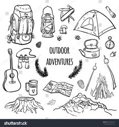 hand drawn doodle set of outdoor activities and camping items in black and white stock