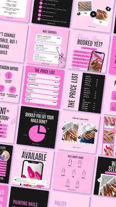 a pink and black brochure with different types of nails