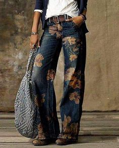 Blue Floral Casual Print Pants, 01 / US10 Retro Pants, Mode Boho, Printed Wide Leg Pants, Long Jeans, Styl Boho, Jeans Casual, Printed Jeans, Loose Jeans, Blonde Pixie