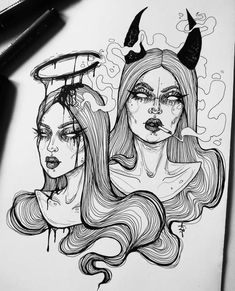 a drawing of two women with horns on their heads