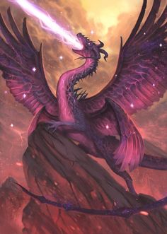 an illustration of a purple dragon on top of a mountain with its wings spread out