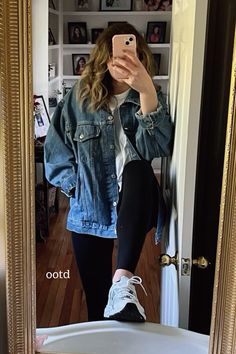 outfit inspo | jean jacket | jean jacket outfit | denim jacket | legging outfit | leggings styled | casual outfit inspo | outfit photo | fall outfit inspo | fall outfits | spring outfit inspo | spring 2024 outfits | fall outfit inspo | new balance 530s | new balance 530 outfit | antique aesthetic | antique mirror | dark aesthetic photo | brunette hair with blonde balayage | mirror outfit inspo | library Baggy Jeans And Denim Jacket Outfit, Oversized Jean Jacket Outfit Winter, Baggy Jean Jacket Outfits, Oversized Jean Jacket Outfits Fall, Leggings And Oversized Denim Jacket Outfit, Demin Jacket Outfit Women, Big Jean Jacket Outfits, Dark Jean Jacket Outfits, Oversized Faded Denim Jacket For Fall