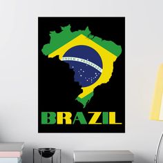 a poster on the wall of a room with a map of brazil and flag in it