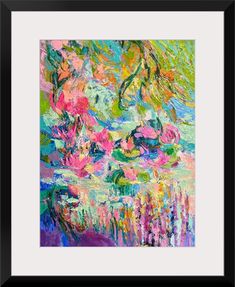 an abstract painting with pink flowers in the foreground and green leaves on the background