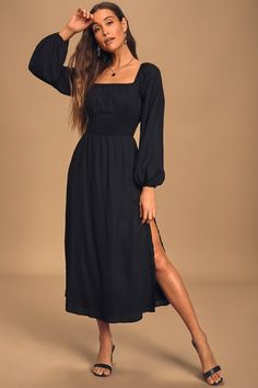 Dresses for Women | Best Women's Dresses Online Moonlit Path, Black Long Sleeve Midi Dress, Long Sleeve Smock Dress, Billowy Sleeves, Gathered Bodice, Plum Dress, Midi Dress Formal, Backless Prom Dresses, New Years Dress