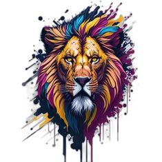 a lion with colorful paint splatters on it's face and head,