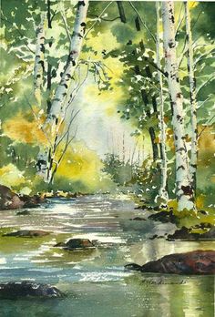 watercolor painting of trees and stream in the woods with sunlight coming from behind them