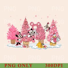 mickey and minnie mouse christmas trees with pink frosting on the bottom, surrounded by other cartoon characters