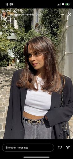 Whispy Medium Length Haircut, Mid Length Haircut With Face Framing Layers, Medium Haircut Brown Hair, Medium Length Dark Hair With Highlights Long Bobs, Light Brown Hair With Black Eyebrows, Chunky Layers Medium Length Hair Curtain Bangs, Summer Curtain Bangs, Emily Ratajkowski Hair Short, Medium Length Haircut Old Money