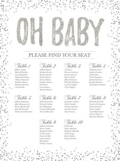 the oh baby seating chart is shown with silver confetti