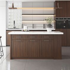 a modern kitchen with wooden cabinets and white counter tops