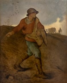 a painting of a man carrying a bag in the middle of a field with cows behind him