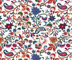 an ornate floral pattern with many colors and designs on white background, suitable for wallpaper or fabric