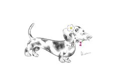 a drawing of a dog with a flower in its mouth