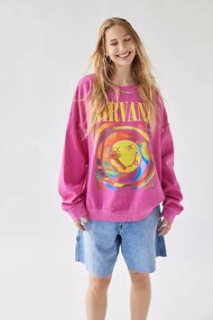 Nirvana Smile Overdyed Sweatshirt Nirvana Smile, Nirvana Sweatshirt, Preppy Sweatshirts, Yellow Smiley Face, Urban Outfitters Women, Printed Sleeves, Preppy Outfits, Cotton Fleece, Oversized Sweatshirt