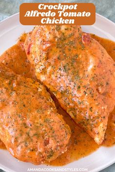 crockpot alfredo tomato chicken on a white plate