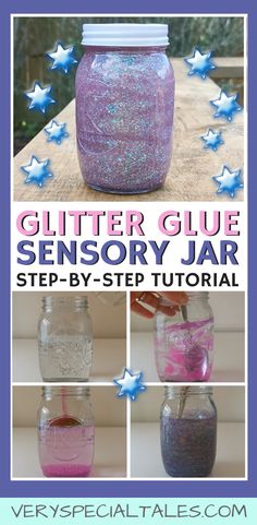 the instructions for how to make glitter glue in mason jars