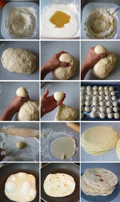 the process of making bread is shown in multiple pictures, including buns and dough