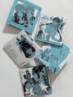 four blue and white cards with pictures of women in the same style, on top of each other