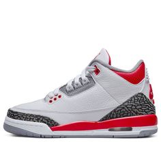 the air jordan 3 retro is available in white, red and grey with black accents