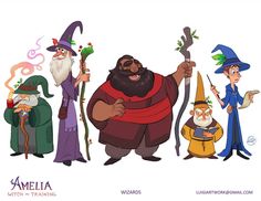 cartoon characters from the wizard's tale, including an old man and two younger men