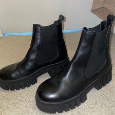 Hey Are Steve Madden Boots Color Black, They Are A Size 11, But Fit Like A 9.5/10. Never Been Worn, Perfect Condition! Casual Boots With Chunky Platform In Medium Width, Casual Platform Moto Boots Medium Width, Casual Chunky Platform Boots Medium Width, Casual Moto Boots With Platform And Medium Width, Casual Moto Boots With Platform, Casual Chunky Platform Boots With Round Toe, Casual Moto Boots With Chunky Platform And Round Toe, Casual Chunky Platform Boots With Closed Toe, Casual Heeled Boots With Platform And Round Toe