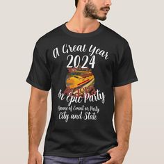 a man wearing a black t - shirt that says, a great year to be a bus