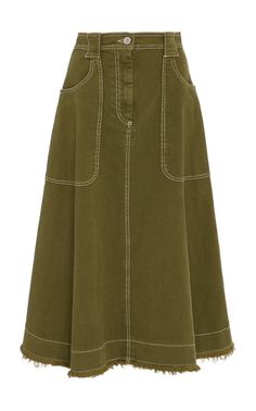 Skirt Silhouettes, Green Midi Skirt, Twill Skirt, Midi Skirt Outfit, Everyday Fashion Outfits, Sewing Skirts, Alexa Chung, Green Skirt, Skirt Design