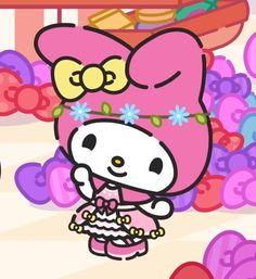 hello kitty is standing in the middle of a bunch of hearts and flowers with her hand on her hip