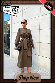 High Neck Cardigan Long Sleeve Elegant Dress Fall Workwear Shirt Dress With Pockets, Fall Shirt Dress With Pockets For Work, Khaki Dress For Fall, Khaki Fall Dress, Solid Color Khaki Fall Dress, Chic Fall Shirt Dress With Pockets, Winter Collared Dresses With Pockets, Knee-length Khaki Dress For Fall, Fall Midi Dress Solid Color For Daywear