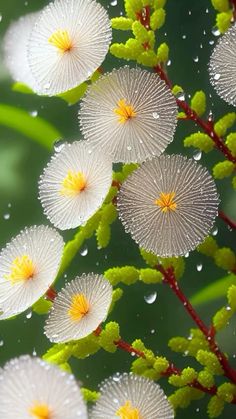 white flowers with yellow centers in the rain